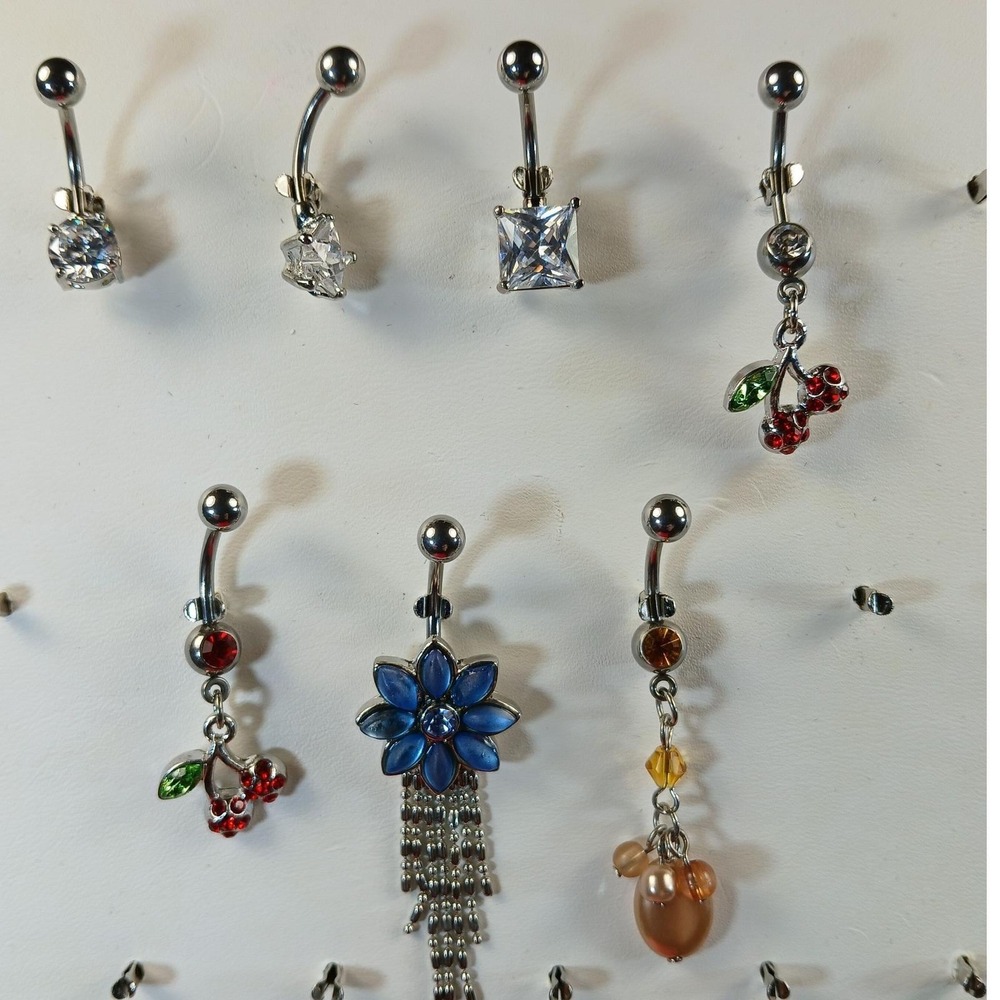 Vintage 90s Belly Button Rings 316L Surgical Steel 14G Cherry Flower CZ 7pc Set - Picture 11 of 17